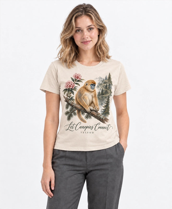 YELSOO women's Let Canopies Connect Golden Snub-Nosed Monkey Graphic Tee in Sand — front model view