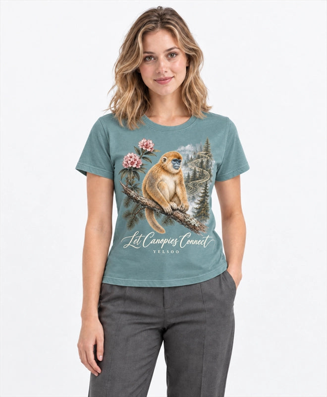YELSOO women's Let Canopies Connect Golden Snub-Nosed Monkey Graphic Tee in Soft Teal — front model view