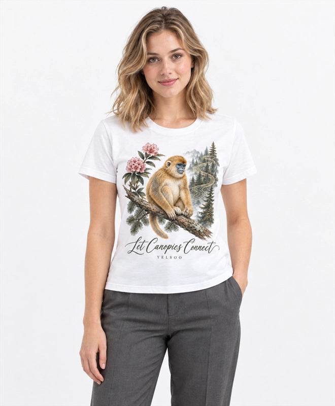 YELSOO women's Let Canopies Connect Golden Snub-Nosed Monkey Graphic Tee in White — front model view