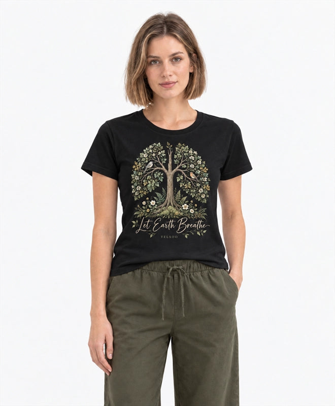 YELSOO women's Let Earth Breathe Forest Graphic Tee in Black — front model view