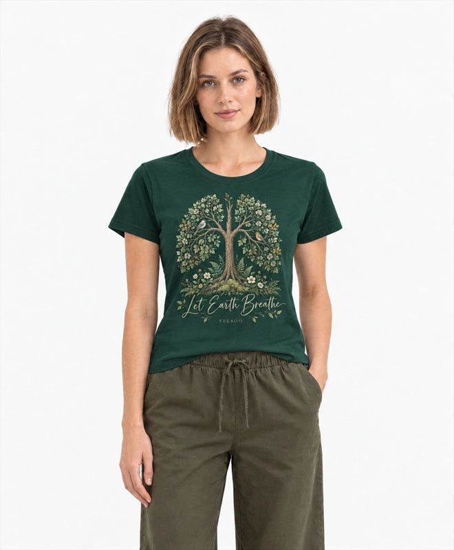 YELSOO women's Let Earth Breathe Forest Graphic Tee in Forest Green — front model view