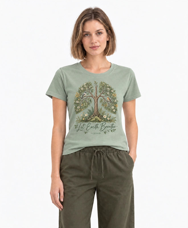YELSOO women's Let Earth Breathe Forest Graphic Tee in Sage Green — front model view