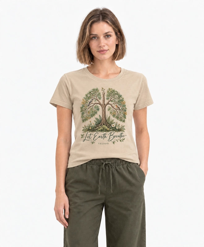 YELSOO women's Let Earth Breathe Forest Graphic Tee in Sand — front model view