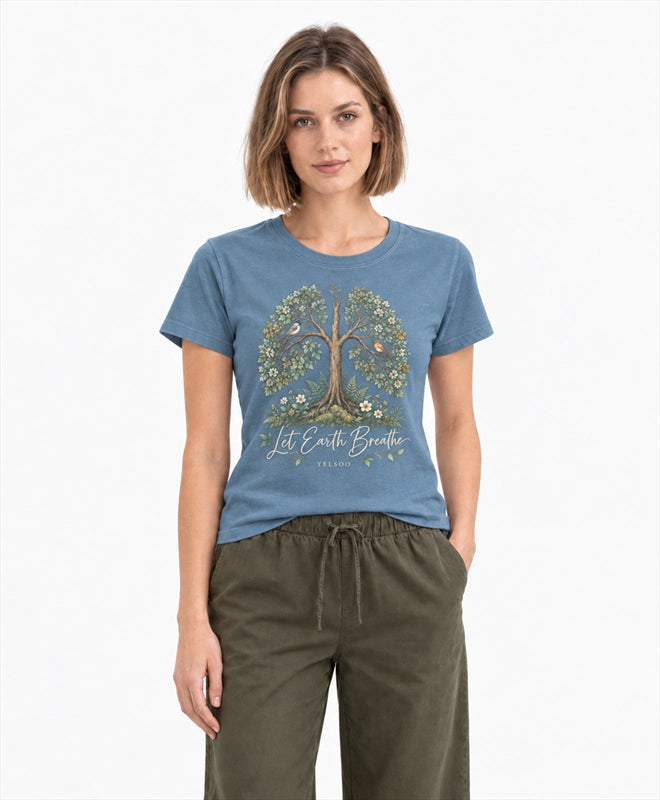 YELSOO women's Let Earth Breathe Forest Graphic Tee in Slate Blue — front model view