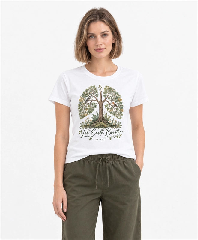 YELSOO women's Let Earth Breathe Forest Graphic Tee in White — front model view