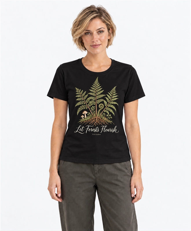 YELSOO women's Let Forests Flourish Fern Graphic Tee in Black — front model view