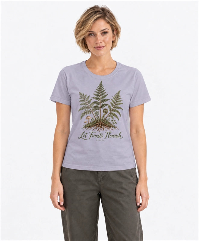 YELSOO women's Let Forests Flourish Fern Graphic Tee in Dusty Lilac — front model view