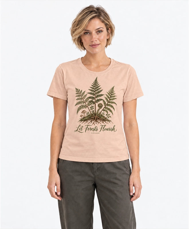 YELSOO women's Let Forests Flourish Fern Graphic Tee in Misty Apricot — front model view