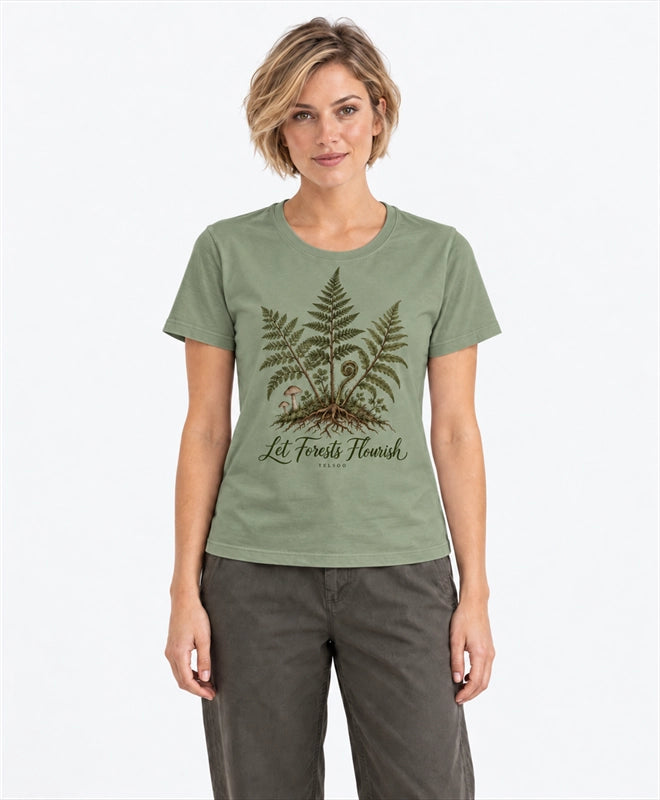 YELSOO women's Let Forests Flourish Fern Graphic Tee in Moss Green — front model view