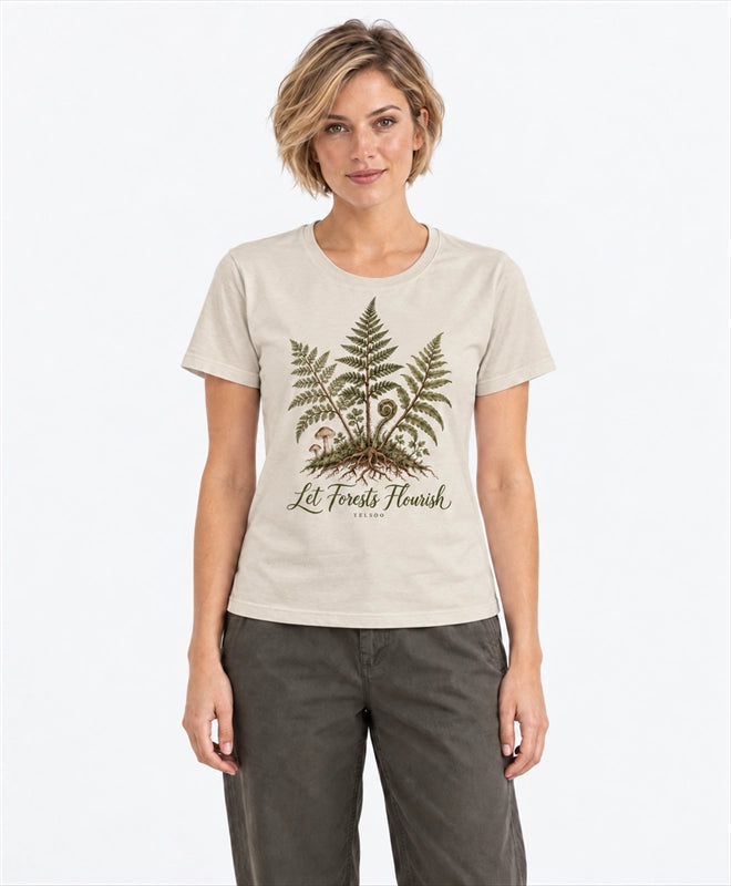 YELSOO women's Let Forests Flourish Fern Graphic Tee in Oatmeal — front model view
