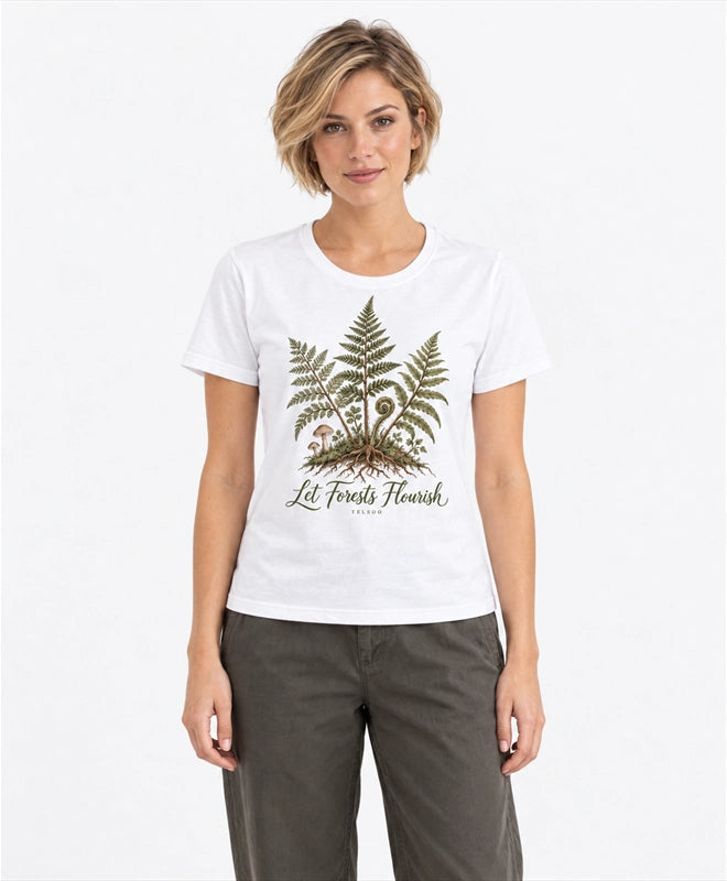 YELSOO women's Let Forests Flourish Fern Graphic Tee in White — front model view