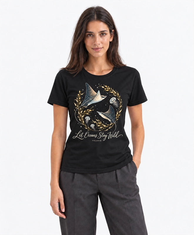 YELSOO women's Let Oceans Stay Wild Manta Ray Graphic Tee in Black — front model view
