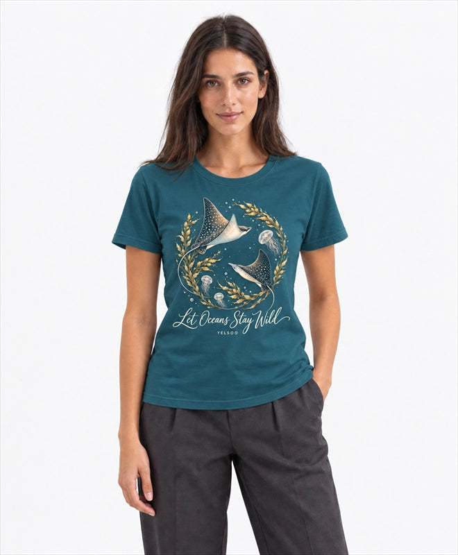 YELSOO women's Let Oceans Stay Wild Manta Ray Graphic Tee in Deep Ocean Teal — front model view