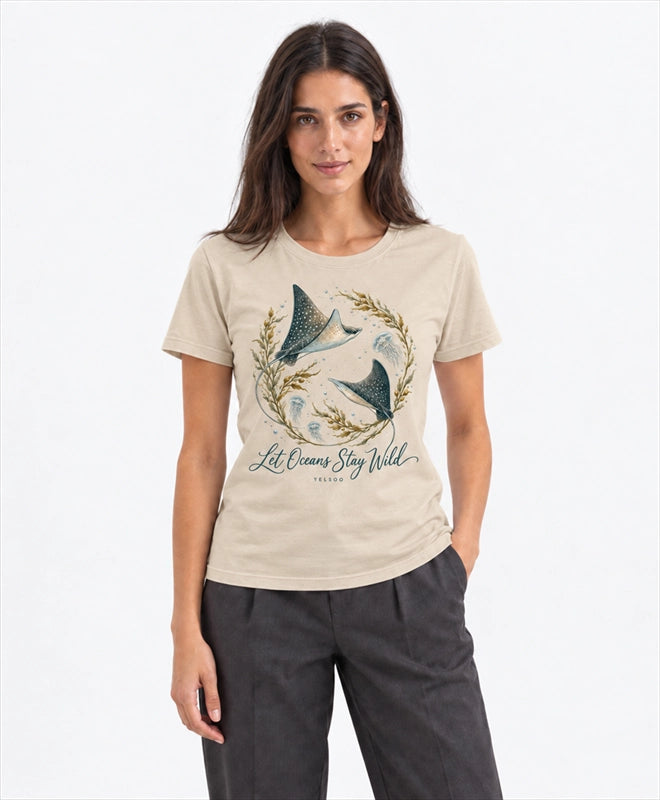 YELSOO women's Let Oceans Stay Wild Manta Ray Graphic Tee in Dune Beige — front model view
