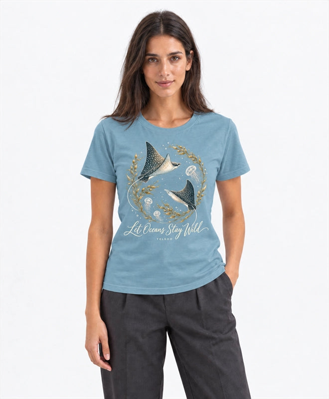 YELSOO women's Let Oceans Stay Wild Manta Ray Graphic Tee in Sea Mist Blue — front model view