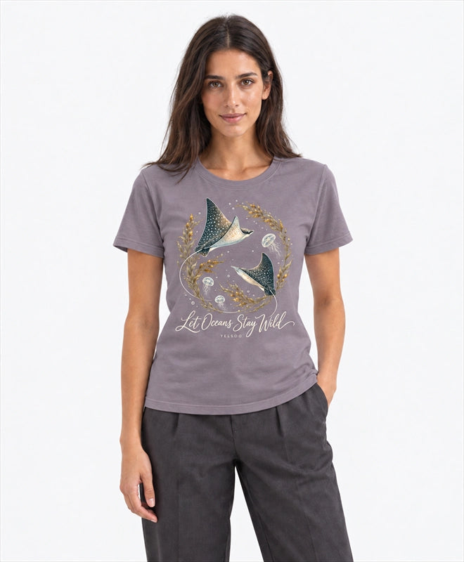 YELSOO women's Let Oceans Stay Wild Manta Ray Graphic Tee in Smoky Purple Gray — front model view