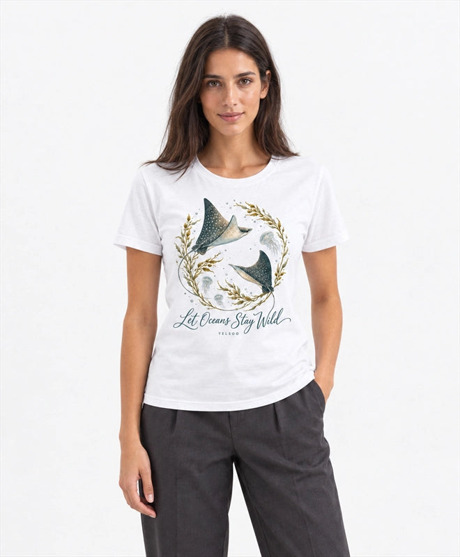 YELSOO women's Let Oceans Stay Wild Manta Ray Graphic Tee in White — front model view