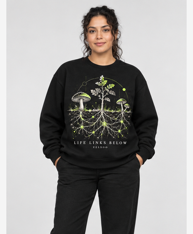 Life Links Below Crewneck Sweatshirt — women's model, front view