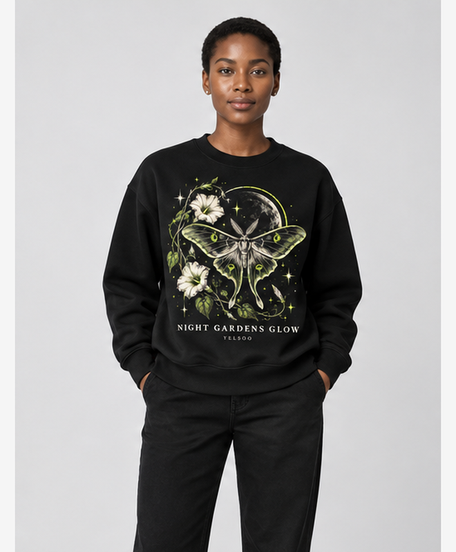 Night Gardens Glow Crewneck Sweatshirt — women's model, front view