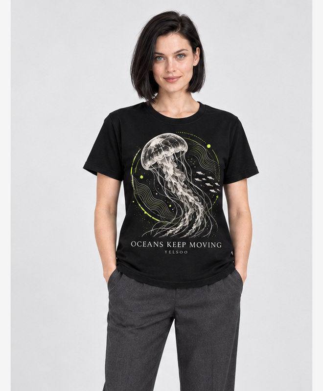 Oceans Keep Moving Graphic Tee — women's model, front view