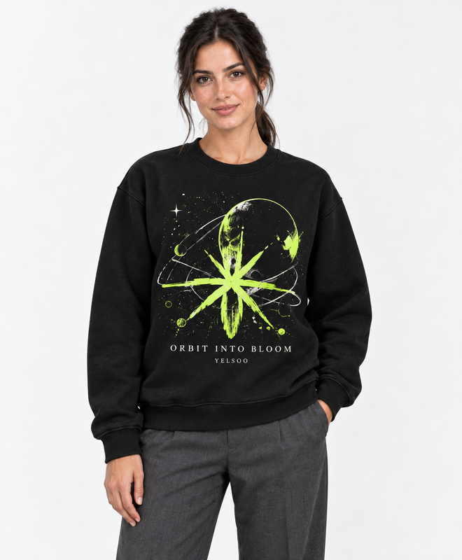 Orbit Into Bloom Crewneck Sweatshirt — women's model, front view
