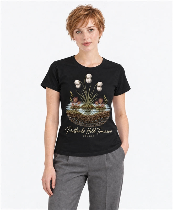 YELSOO women's Peatlands Hold Tomorrow Graphic Tee in Black — front model view