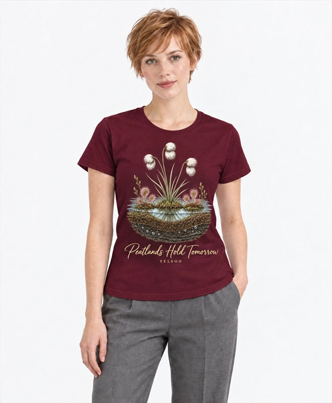 YELSOO women's Peatlands Hold Tomorrow Graphic Tee in Burgundy — front model view