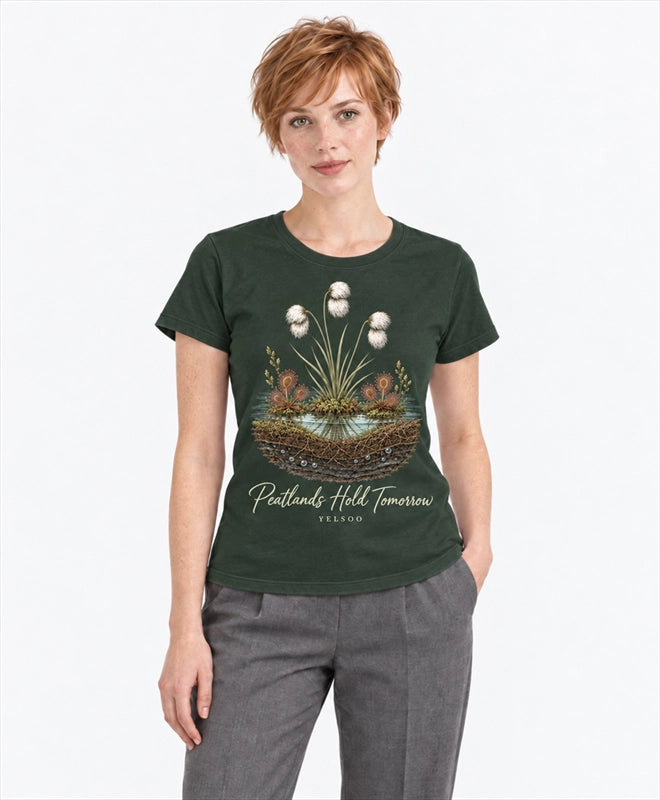 YELSOO women's Peatlands Hold Tomorrow Graphic Tee in Forest Green — front model view