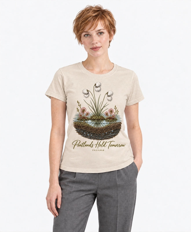 YELSOO women's Peatlands Hold Tomorrow Graphic Tee in Sand — front model view