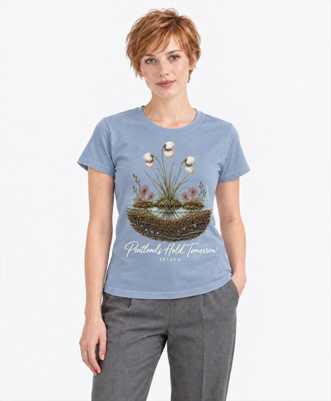 YELSOO women's Peatlands Hold Tomorrow Graphic Tee in Slate Blue — front model view