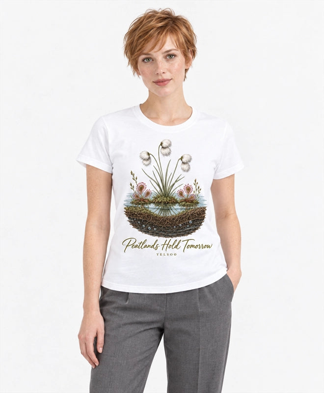 YELSOO women's Peatlands Hold Tomorrow Graphic Tee in White — front model view