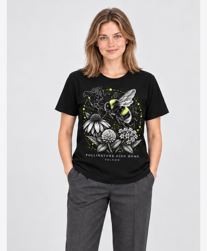 Pollinators Find Home Graphic Tee — women's model, front view