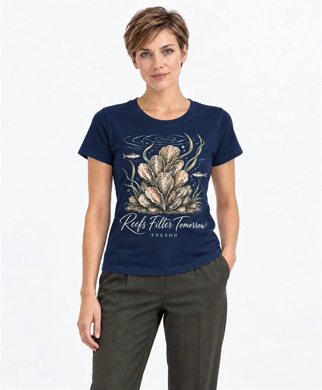 YELSOO women's Reefs Filter Tomorrow Oyster Reef Graphic Tee in Navy — front model view