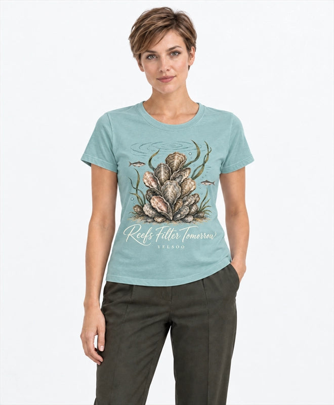 YELSOO women's Reefs Filter Tomorrow Oyster Reef Graphic Tee in Soft Teal — front model view