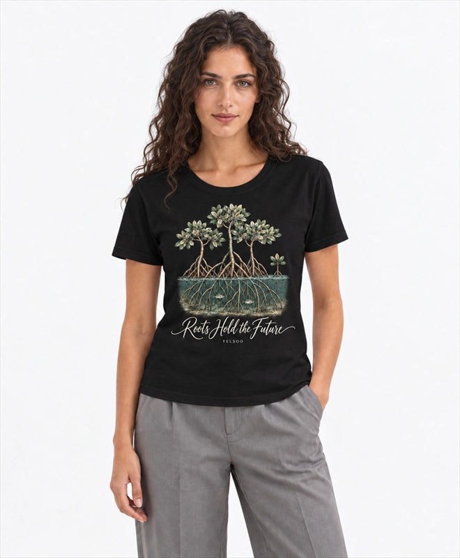 YELSOO women's Roots Hold the Future Mangrove Graphic Tee in Black — front model view
