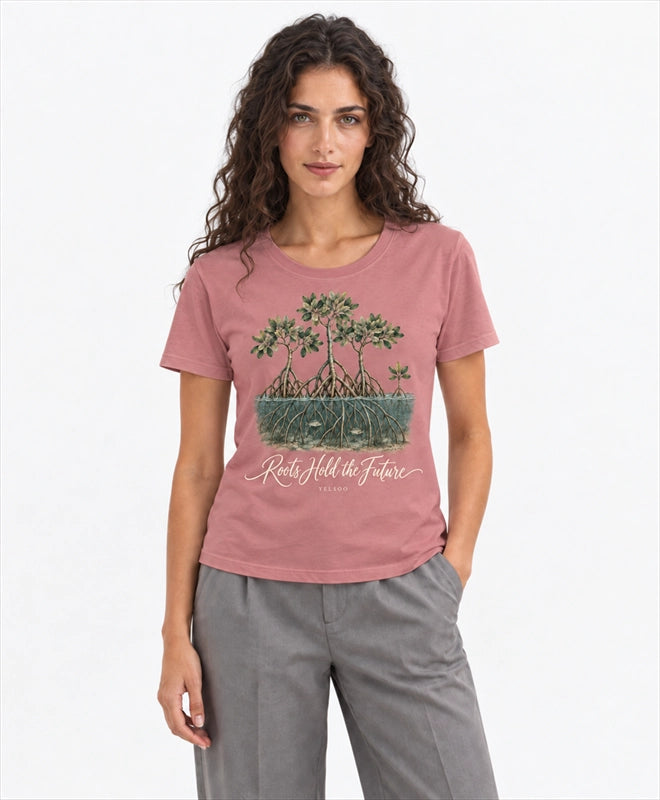 YELSOO women's Roots Hold the Future Mangrove Graphic Tee in Clay Rose — front model view