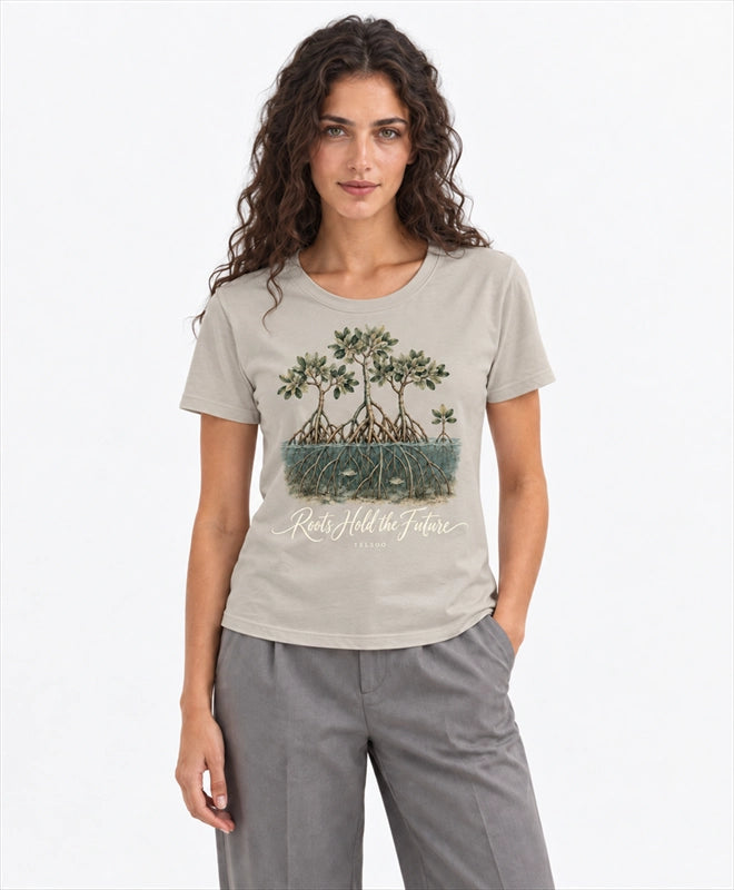 YELSOO women's Roots Hold the Future Mangrove Graphic Tee in Light Sand Gray — front model view