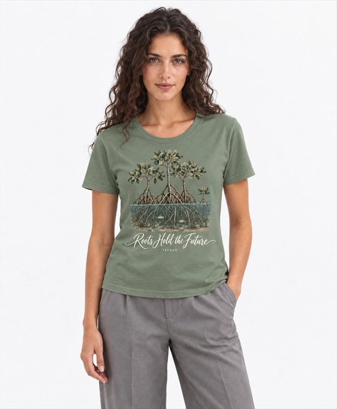 YELSOO women's Roots Hold the Future Mangrove Graphic Tee in Sea Clay Green — front model view