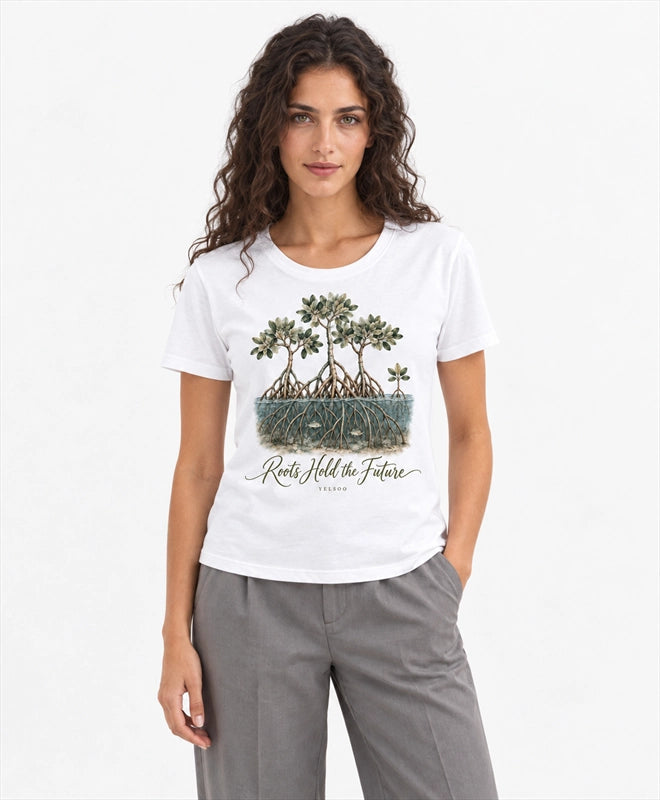 YELSOO women's Roots Hold the Future Mangrove Graphic Tee in White — front model view
