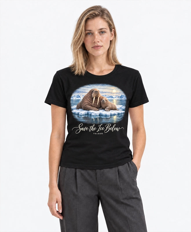 YELSOO women's Save the Ice Below Walrus Graphic Tee in Black — front model view