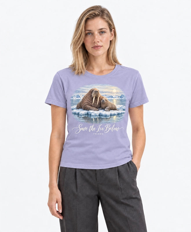 YELSOO women's Save the Ice Below Walrus Graphic Tee in Glacier Lilac — front model view