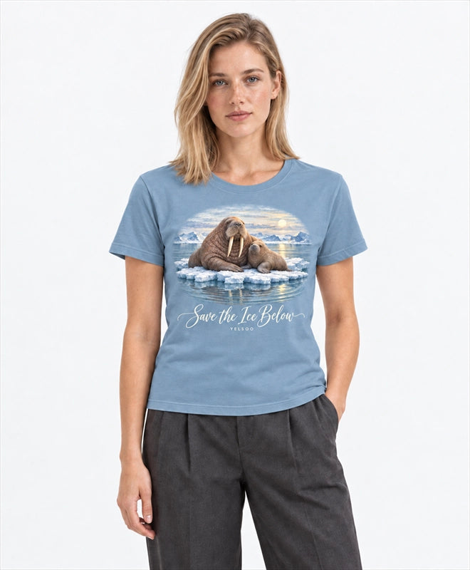 YELSOO women's Save the Ice Below Walrus Graphic Tee in Ice Rock Blue — front model view
