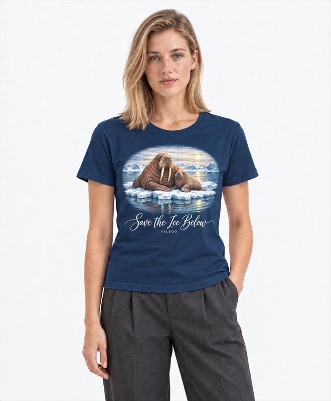 YELSOO women's Save the Ice Below Walrus Graphic Tee in Midnight Blue — front model view