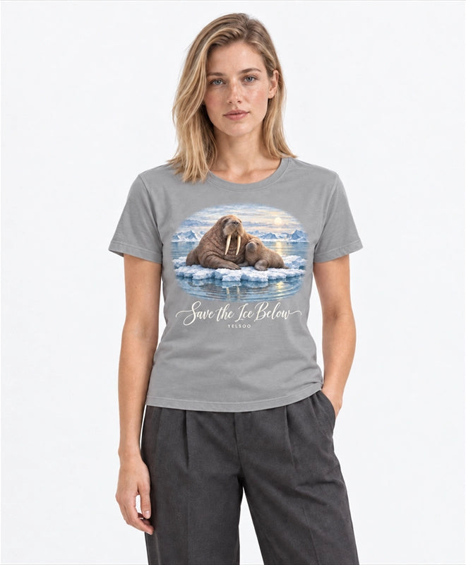 YELSOO women's Save the Ice Below Walrus Graphic Tee in Tundra Gray — front model view