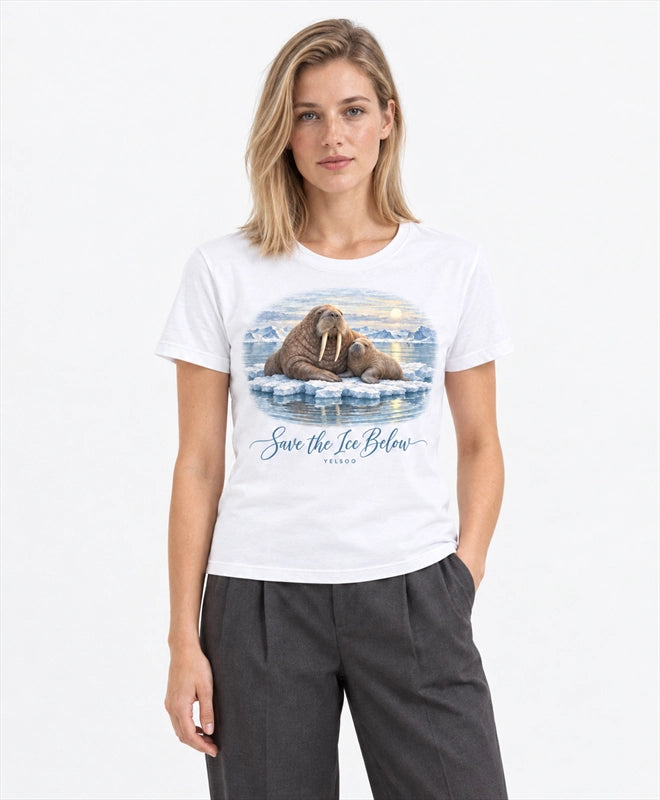 YELSOO women's Save the Ice Below Walrus Graphic Tee in White — front model view
