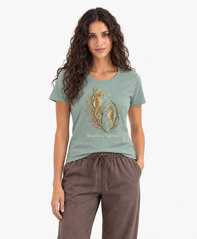 YELSOO women's Small Lives Vast Seas Seahorse Graphic Tee in Sea Salt Green — front model view