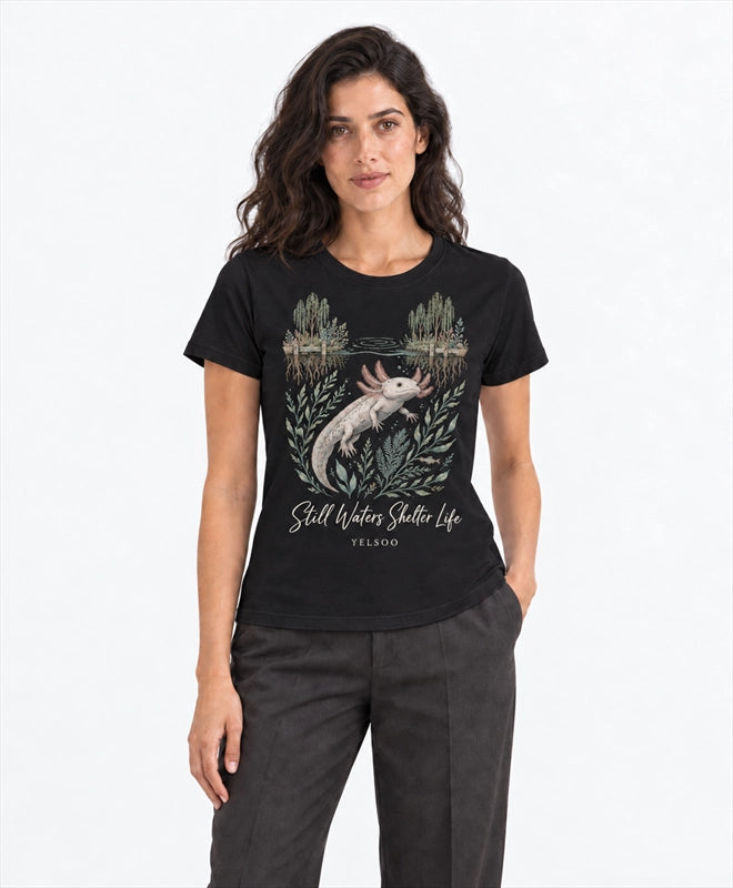 YELSOO women's Still Waters Shelter Life Axolotl Graphic Tee in Black — front model view