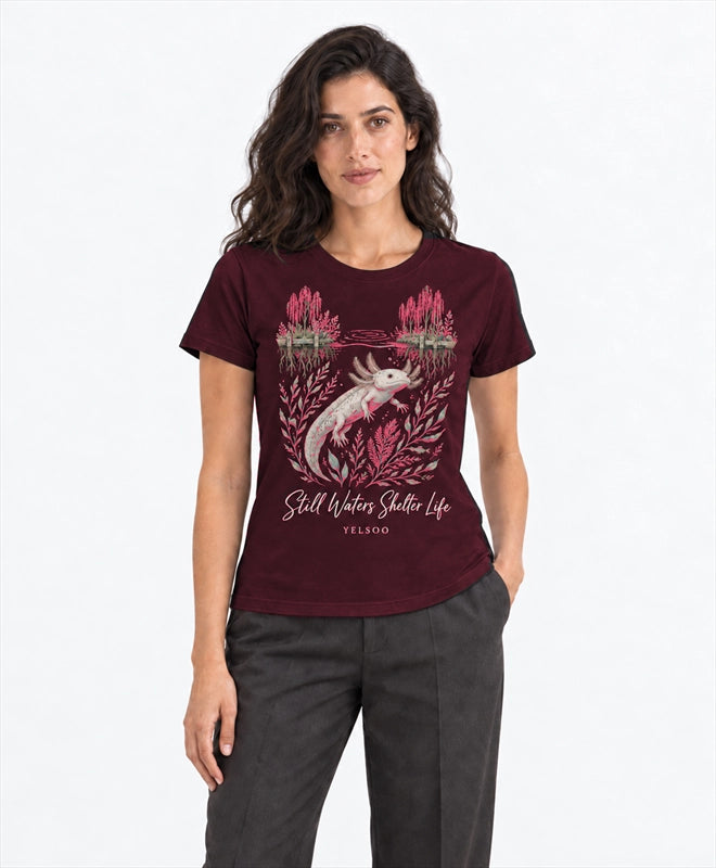 YELSOO women's Still Waters Shelter Life Axolotl Graphic Tee in Burgundy — front model view
