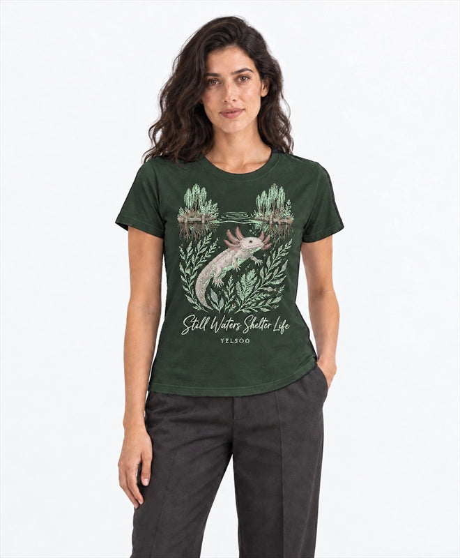 YELSOO women's Still Waters Shelter Life Axolotl Graphic Tee in Forest Green — front model view