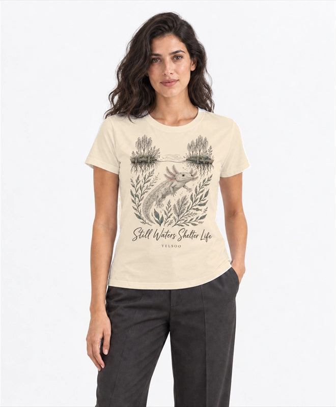 YELSOO women's Still Waters Shelter Life Axolotl Graphic Tee in Sand — front model view